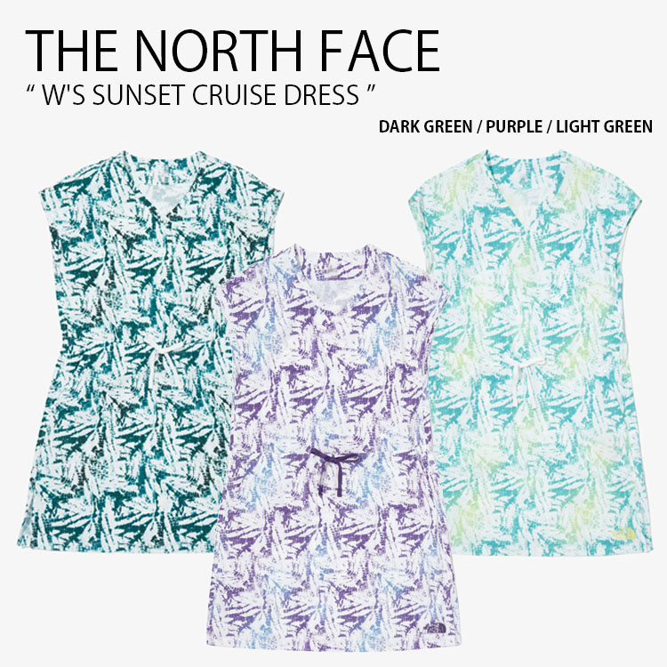 THE NORTH FACE ノースフェイス レディース ワンピース W'S SUNSET CRUISE DRESS ウィメンズ サンセット クルーズ ドレス ワンピース スリーブレス ひざ丈 ルーズフィット 総柄 ロゴ カジュアル ストリート グリーン パープル 女性用 NQ2HQ37A/B/C【中古】未使用品