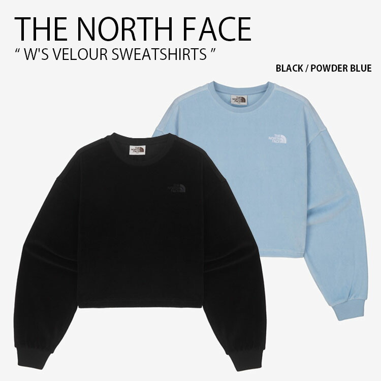 THE NORTH FACE 北の方人間の顔 レディース 汗水 W\u0027S VELOUR SWEATSHIRTS 天鵞絨 トレーナー 調教師 長袖 ティーシャツ クロップ丈 ロゴタイプ 心地よい 表どおり WHITELABEL 黒いこと 青色 お上さん用 NM5MQ80J/K【中古】未当て嵌める品