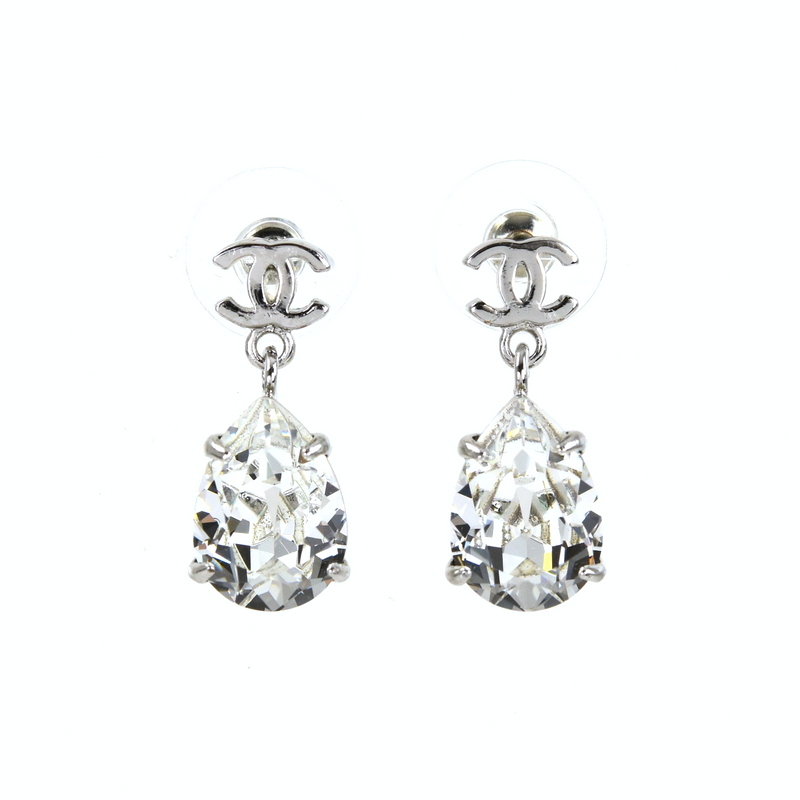 【正規品】CHANEL ラインストーン ティアドロップ ピアス シルバー ココ CHANEL(シャネル) Rhinestone Coco Mark Pierced Earrings