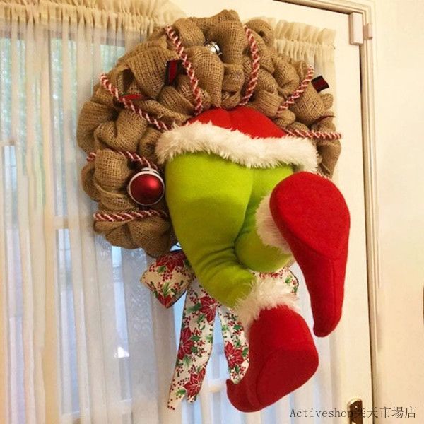 クリスマス 花輪 面白い クリスマスリースを盗む サンタクロースに変装 クリスマス泥棒リース クリスマス 飾り 脚の姿調節可能 黄麻布 吊り紐 ちょう結び 2つの大きなクリスマスボール付き クリスマスツリー 壁 窓 部屋 飾り付け