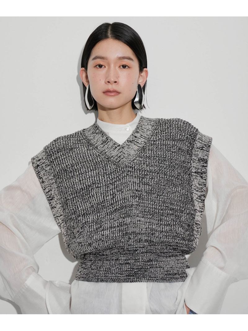 【サステナブル・洗える】ペーパーヤーンミックスニットベスト ADAM ET ROPE' FEMME アダムエロペ トップス ベスト・ジレ ブラック イエロー【送料無料】[ Fashion]