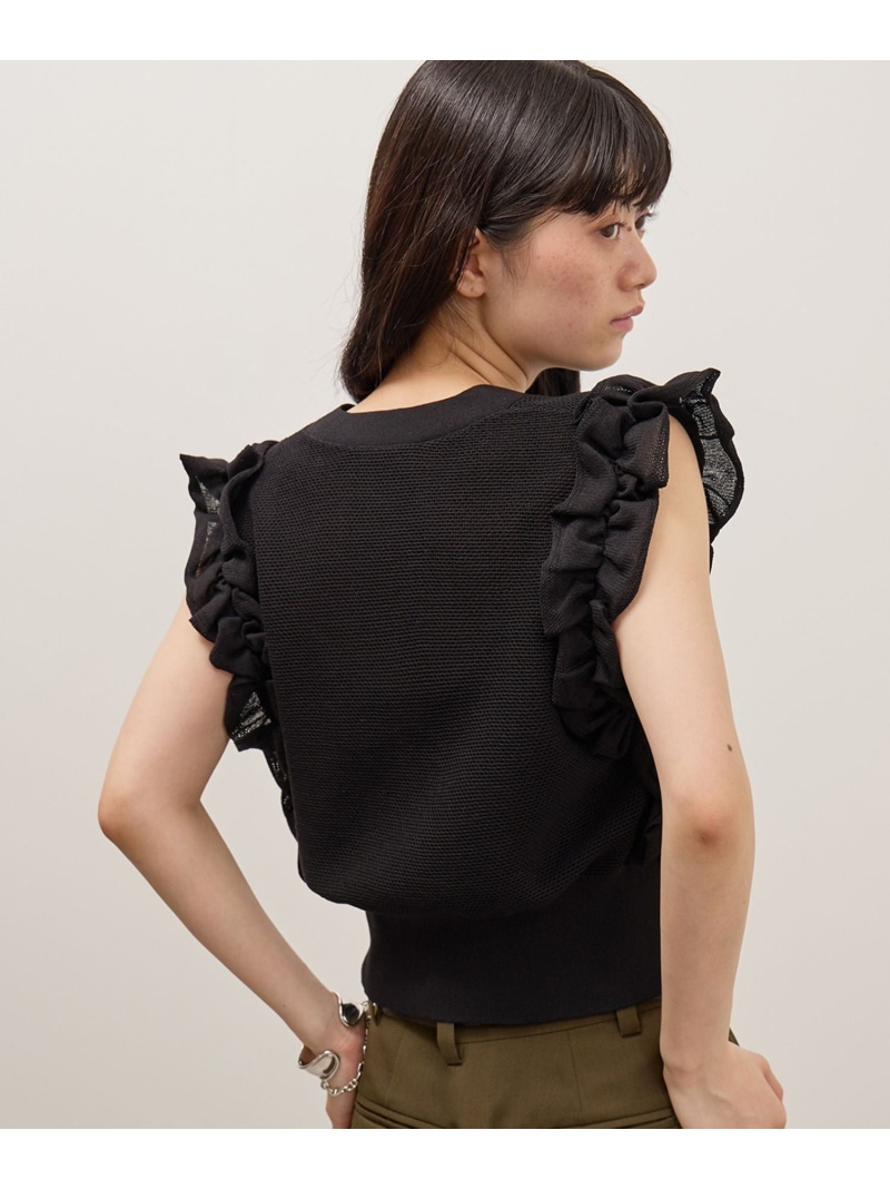 フリルメッシュジレ ADAM ET ROPE\u0027 FEMME アダムエロペ トップス より良い・ジレ 黒いこと 白いこと 青色【先んずる取っておく】*【貨物輸送無料】[ Fashion]