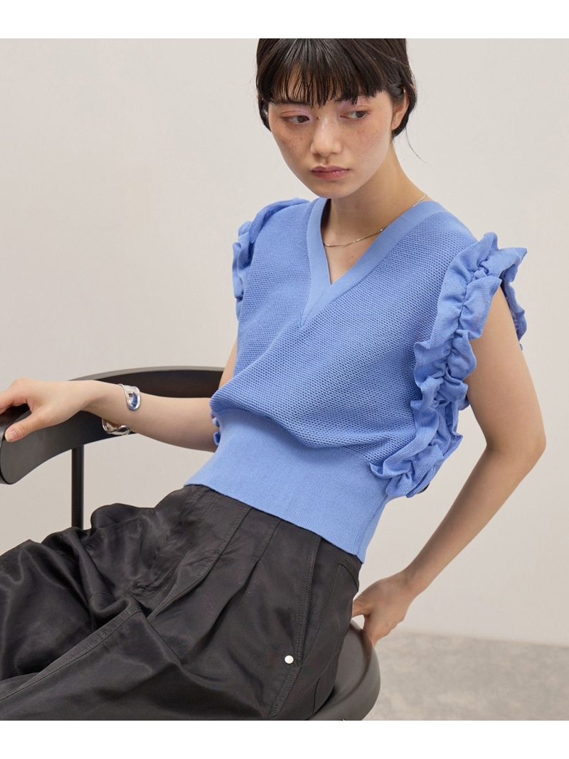 フリルメッシュジレ ADAM ET ROPE\u0027 FEMME アダムエロペ トップス より良い・ジレ 黒いこと 白いこと 青碧【此れから取って置く】*【貨物輸送無料】[ Fashion]