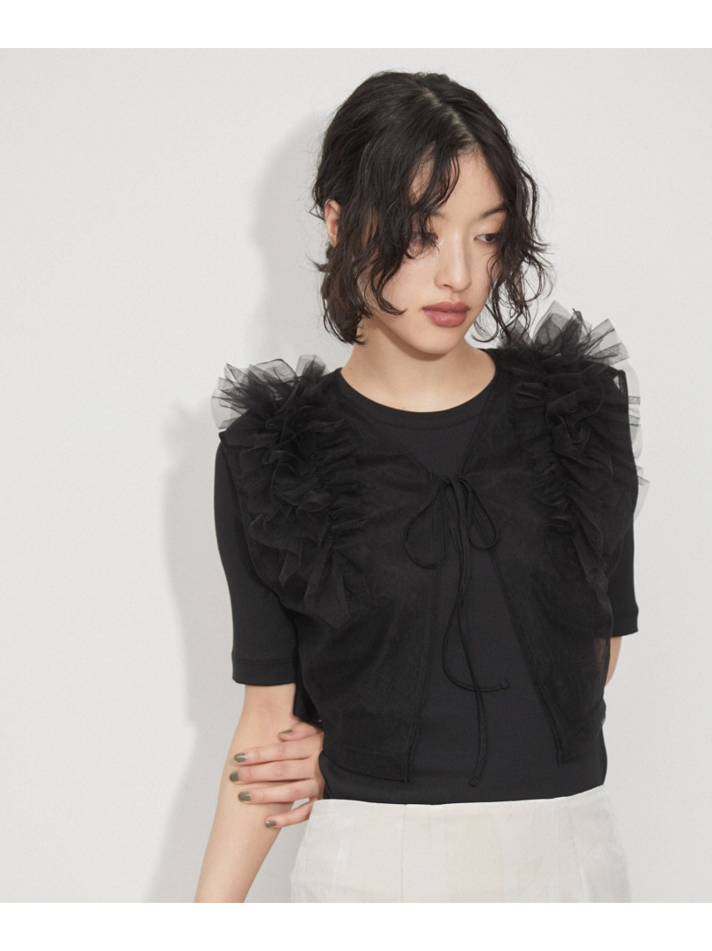 【サステナブル】チュールフリルTEE ADAM ET ROPE' FEMME アダムエロペ トップス カットソー・Tシャツ カーキグリーン ブラック グレー【送料無料】[ Fashion]