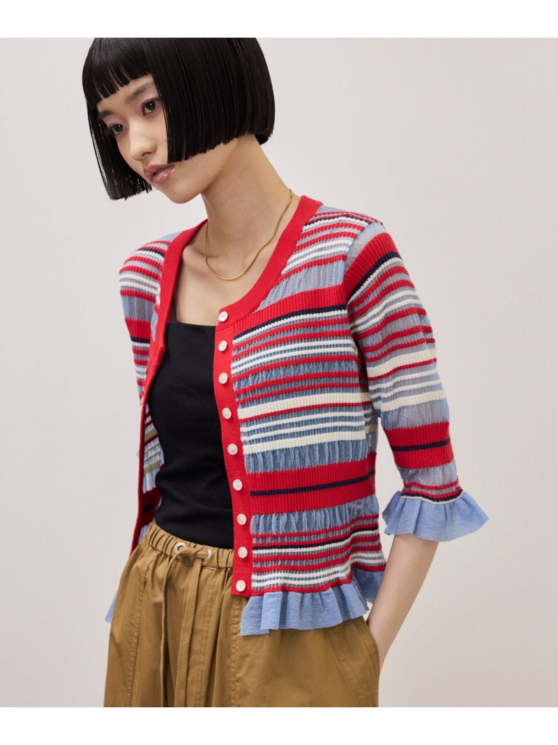 マルチボーダーカーディガン ADAM ET ROPE' FEMME アダムエロペ トップス カーディガン レッド【先行予約】*【送料無料】[ Fashion]