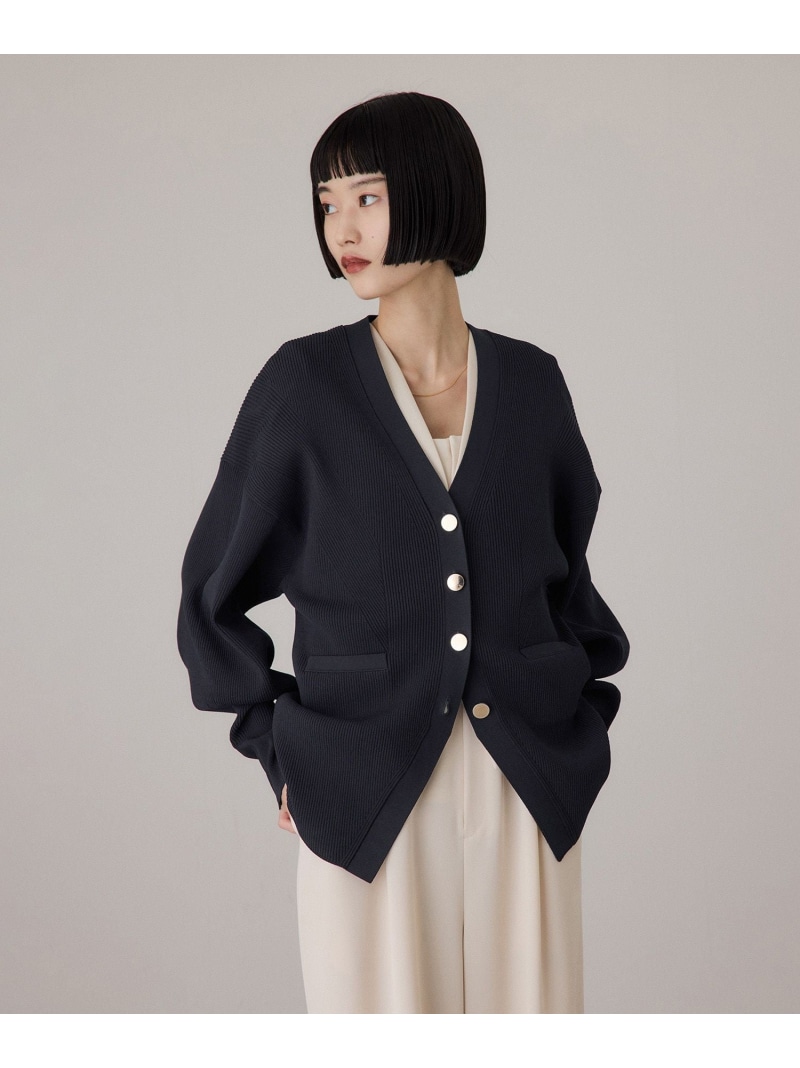 【サステナブル】フォルムリブカーディガン ADAM ET ROPE\u0027 FEMME アダムエロペ トップス ジレー 青色 白いこと 米国海軍【貨物輸送無料】[ Fashion]