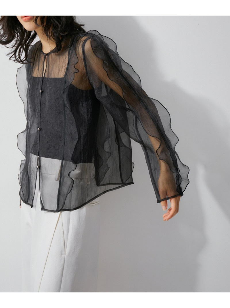 【SALE／30%OFF】【サステナブル】シアーフリルブラウス ADAM ET ROPE' FEMME アダムエロペ トップス シャツ・ブラウス ブルー ブラック【RBA_E】【送料無料】[ Fashion]
