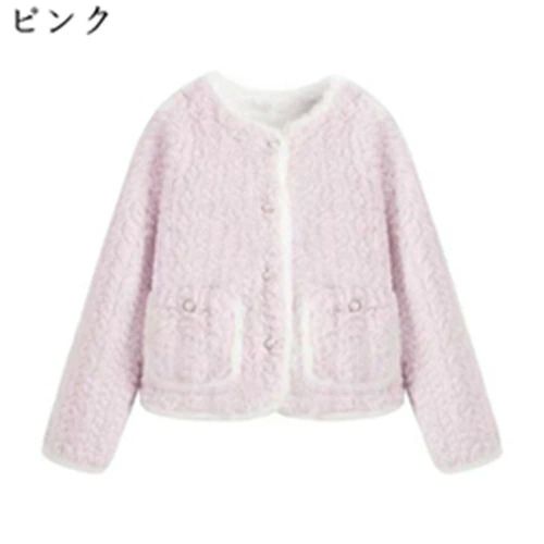 ボアジャケット レディース 冬 ふわふわ?もこもこ 大きい ノーカラー ボタン付き