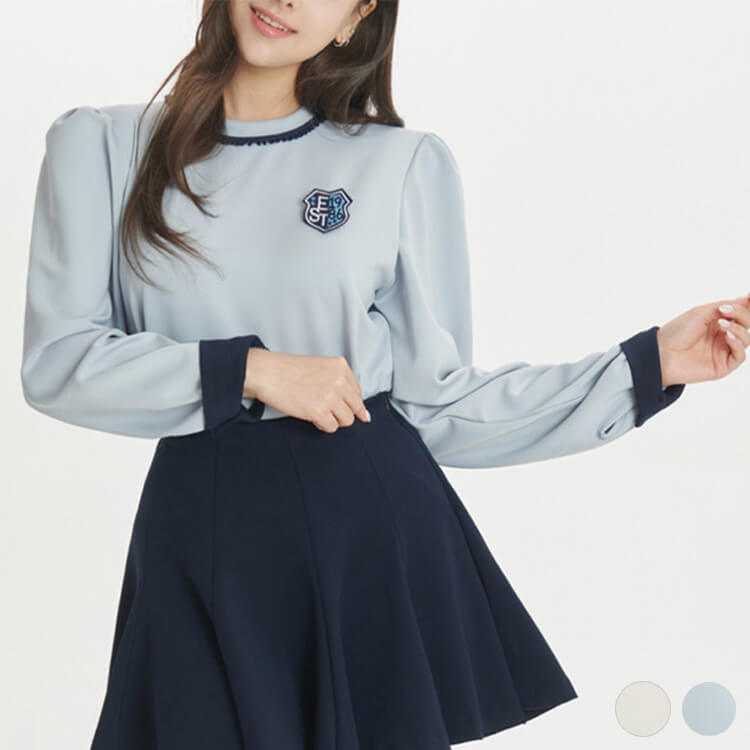 レディース 韓国 トップス 長袖 Ｔシャツ ブラウス 秋 春 パフスリーブ バイカラー 配色 かわいい フェミニン ワッペン おしゃれ