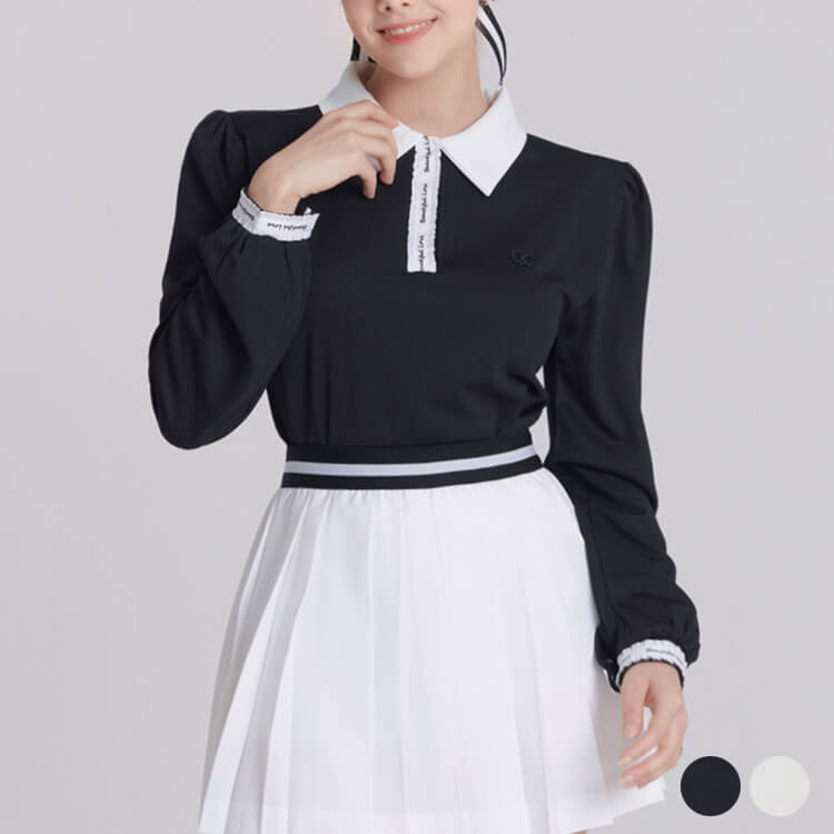 レディース 韓国 トップス 長袖 Ｔシャツ ポロシャツ 秋 春 パフスリーブ バイカラー 配色 かわいい フェミニン フリル リボン 8,470円