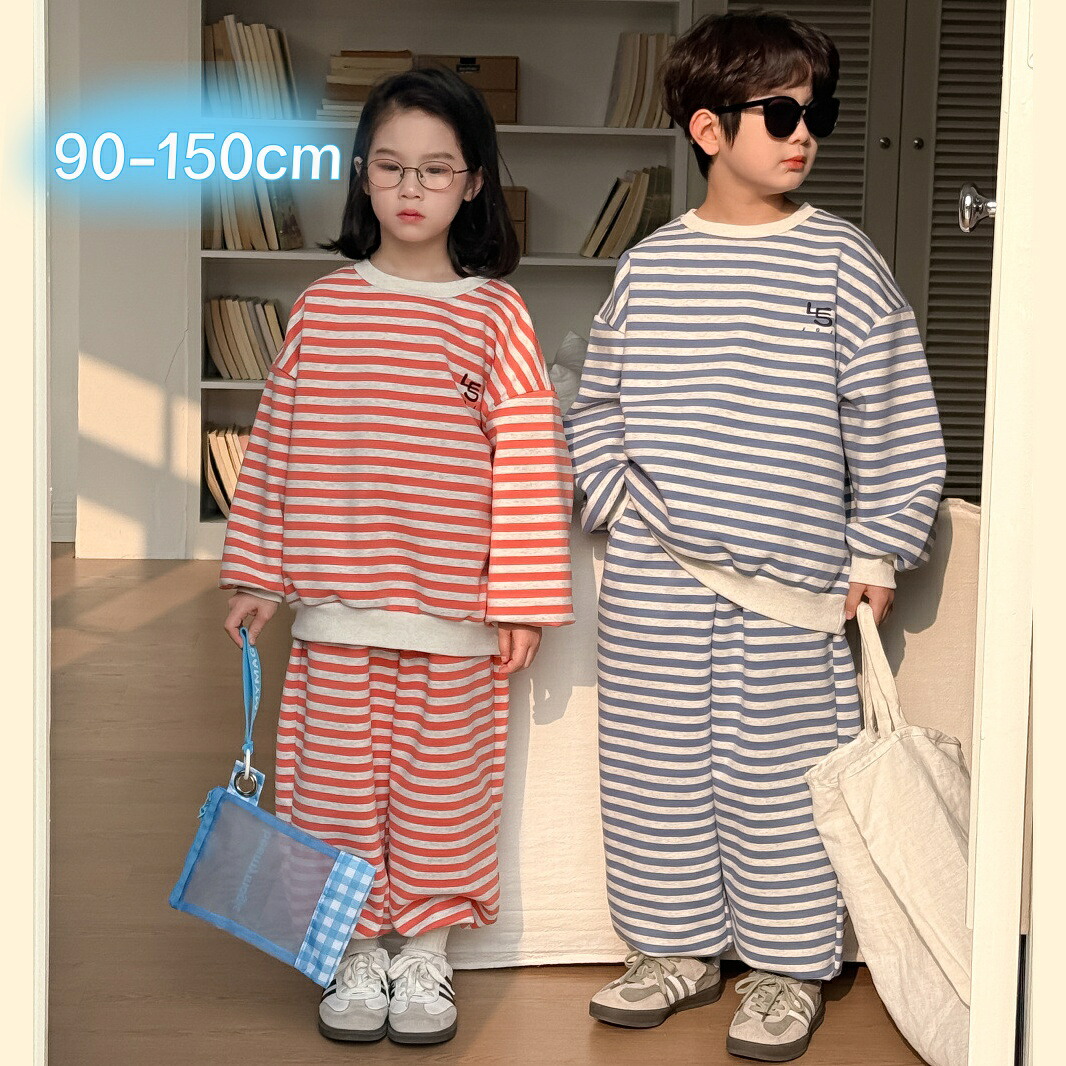 キッズ セットアップ 子供服 春 秋 女の子 男の子 トップス スウェット トレーナー パンツ ベビー服 ラウンドネック ストライプ 部屋着 ルームウェア おしゃれ 可愛い 入学 入園 幼稚園 保育園 韓国子ども服 春夏 誕生日 プレゼント シンプル
