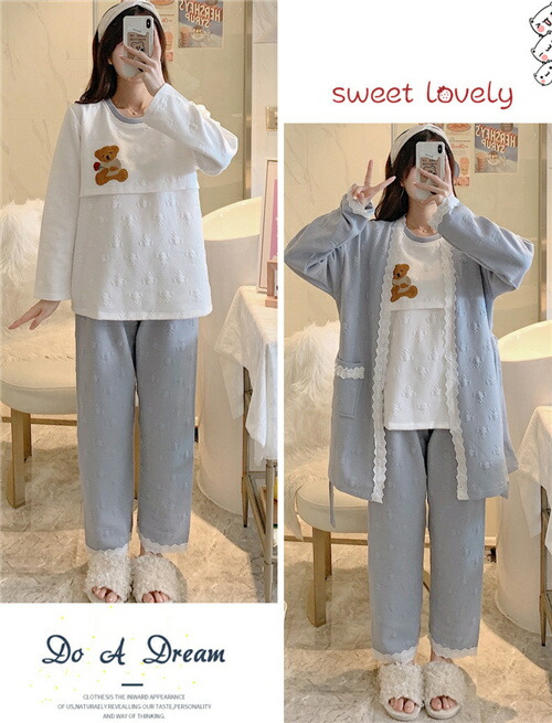 マタニティパジャマ 長袖 マタニティ ルーム 上下セット かわいい 入院着 秋 冬 可愛い マタニティウエア 妊婦服 出産 産後 産院 妊婦 レディース プレゼント 授乳口 大きいサイズ おしゃれ 授乳服 前開き 厚手 送料無料 3点セット Salon Raquet De