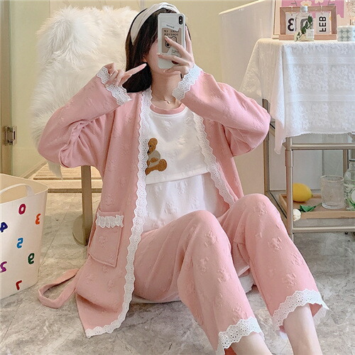 マタニティパジャマ 長袖 マタニティ ルーム 上下セット かわいい 入院着 秋 冬 可愛い マタニティウエア 妊婦服 出産 産後 産院 妊婦 レディース プレゼント 授乳口 大きいサイズ おしゃれ 授乳服 前開き 厚手 送料無料 3点セット Salon Raquet De