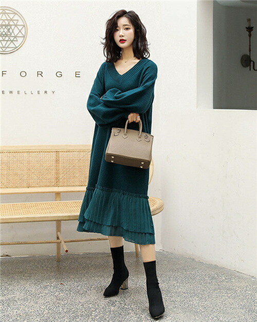 ニット セーター レディース Vネック ワンピース 長袖 秋 冬 おしゃれ 可愛い 無地 通勤 着やせ 大きいサイズ ゆったり 防寒 冬物 ギフト プレゼント 送料無料 Lindnercapital Com