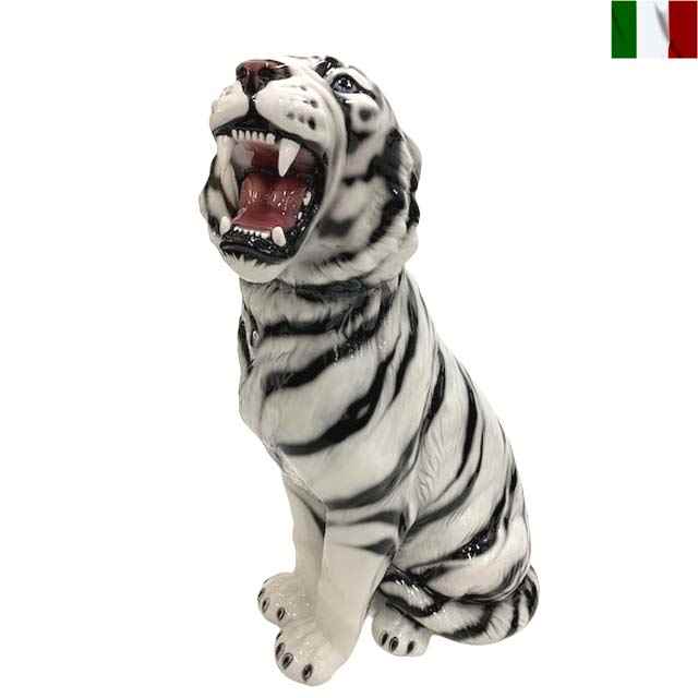 ホワイトタイガー 置物 白虎 イタリア インテリア オブジェ 陶器 クラシック white tiger|艶姿家具