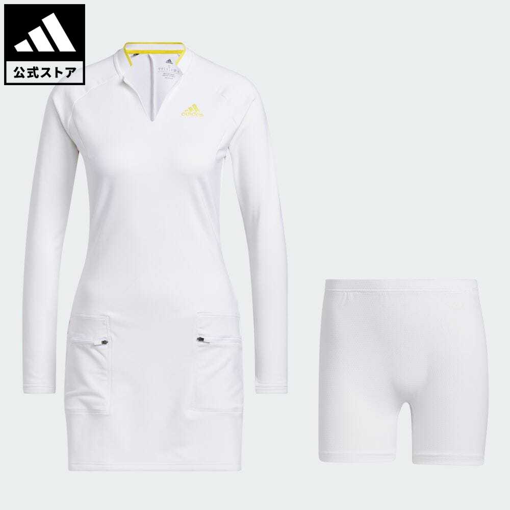 アディダス Adidas 返品可 ゴルフ ワープニット 長袖スキッパー襟ワンピース レディース ウェア 服 オールインワン ワンピース 白 ホワイト Hg6977 信憑