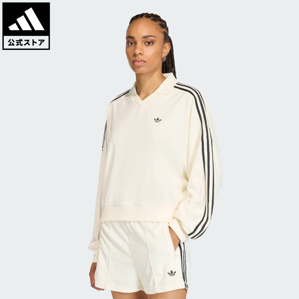 【公式】アディダス adidas 返品可 ライフスタイル テリー タオル Vネック 長袖ポロシャツ オリジナルス レディース ウェア・服 ポロシャツ 白 ホワイト KD1401