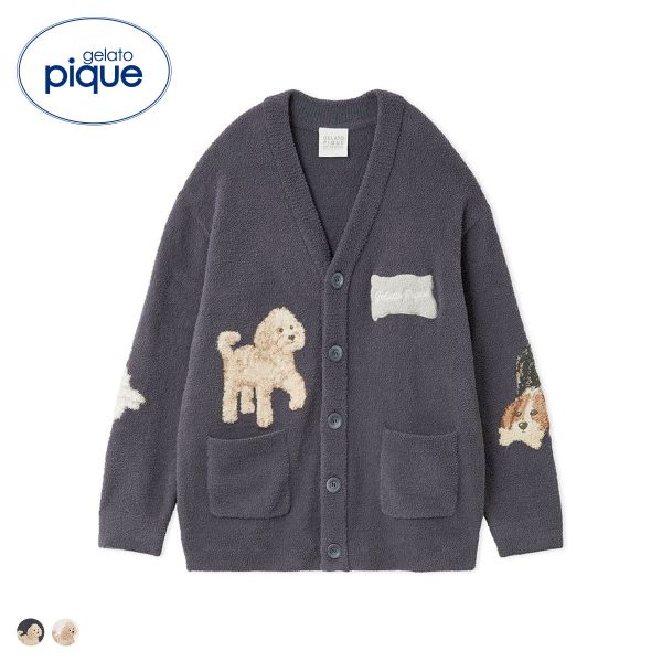 ジェラートピケ UNISEX エアリーモコプレイフルDOGジャガードカーディガン ジェラピケ パジャマ ルームウェア gelato pique ユニセックス ADIEU 全2色 S-M-M-L ギフト プレゼント|SHIROHATO ADIEU