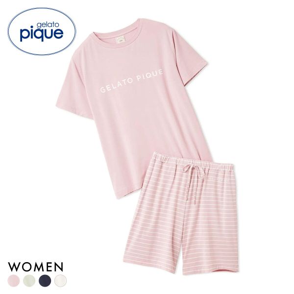 ジェラートピケ レディース レーヨンロゴTシャツ＆ボーダーショートパンツセット 上下セット ジェラピケ ルームウェア gelato pique ADIEU 全4色 ギフト プレゼント セットアップ｜SHIROHATO ADIEU