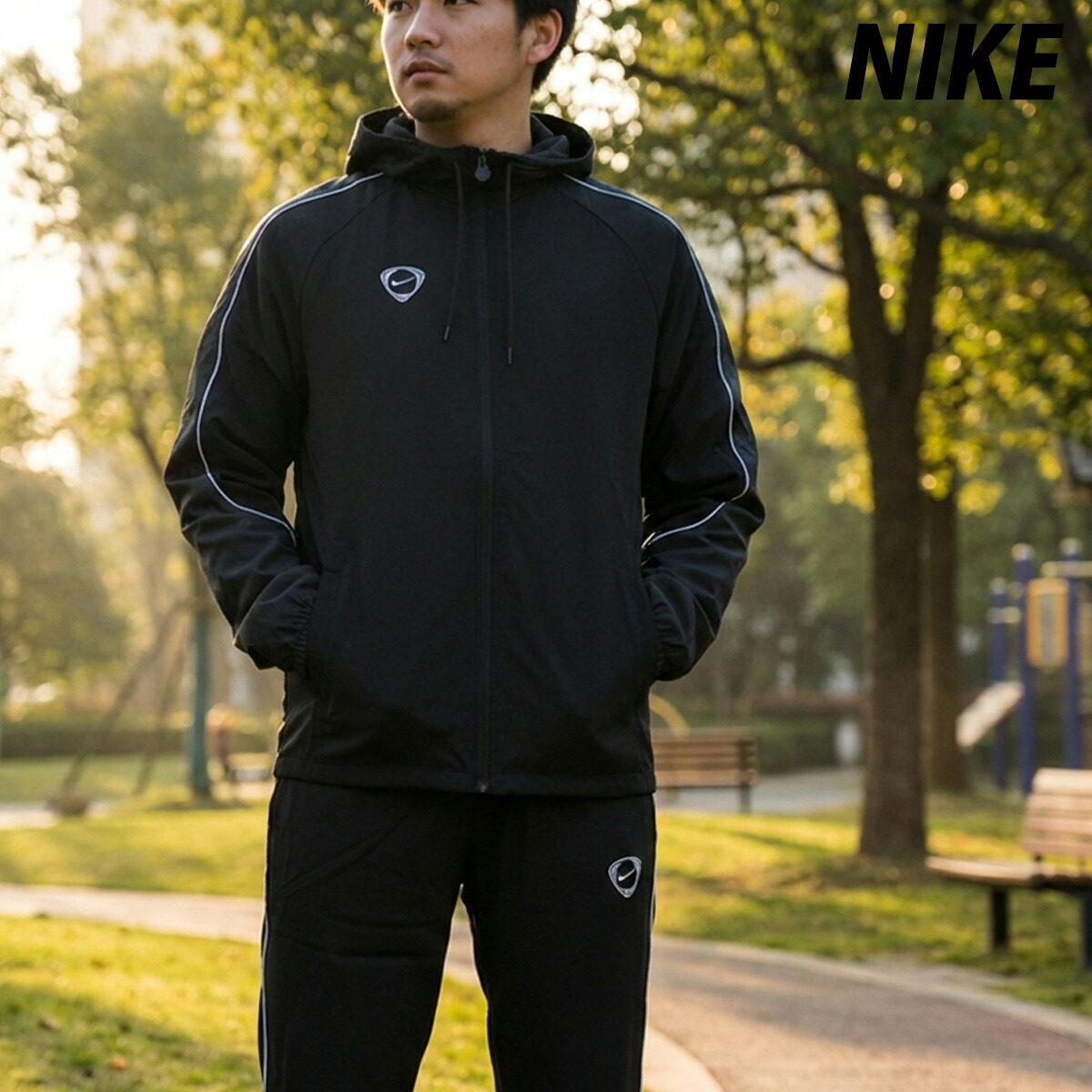 ナイキ セットアップ メンズ ウインドブレーカー 上下 ブランド NIKE アカデミー HV3582 フード付き フーディ 裏メッシュ 裏地付き フルジップ はっ水 撥水 黒 ブラック 上下セット ウーブン woven 大きいサイズ 有 スポーツウェア トレーニングウェア