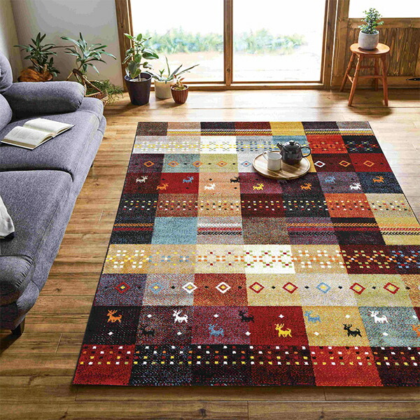 ベージュ 赤 160×230cm カーペット ギャッベ柄 ラグマット トルコ製 