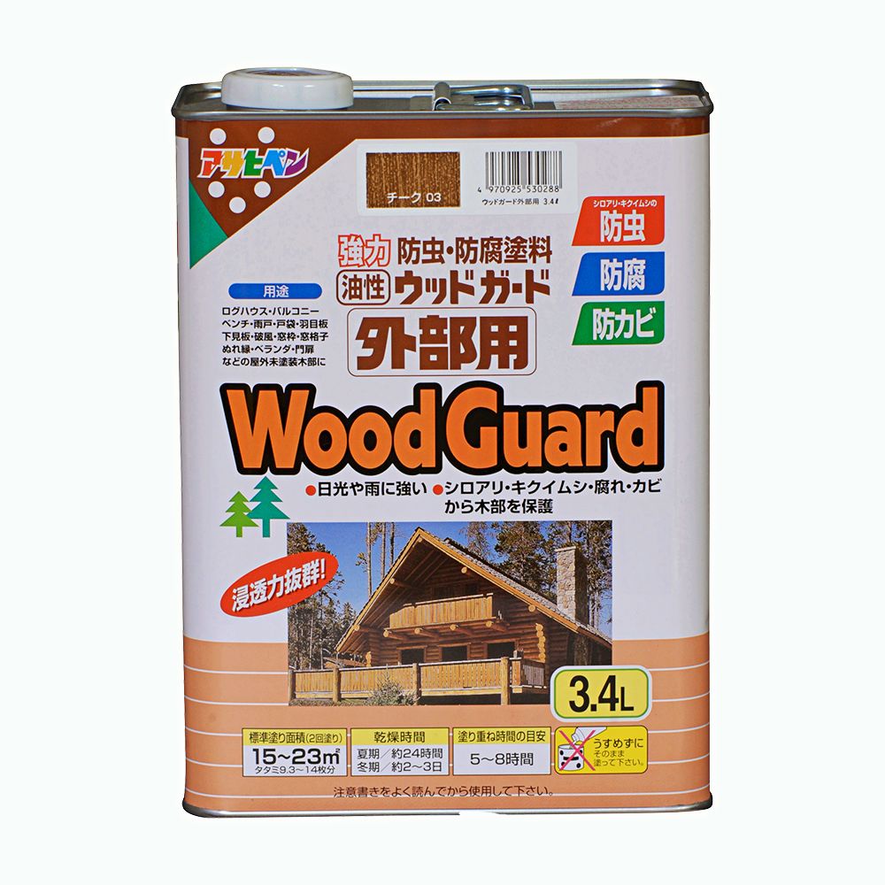 油性ウッドガード 外部用 3.4L チーク 03 木部用塗料 塗装 油性ペンキ 油性塗料 ログハウス 雨戸 ウッドデッキ 屋外木部 長期間強力 耐水性 耐光性 防腐 防カビ シロアリ 防虫効果