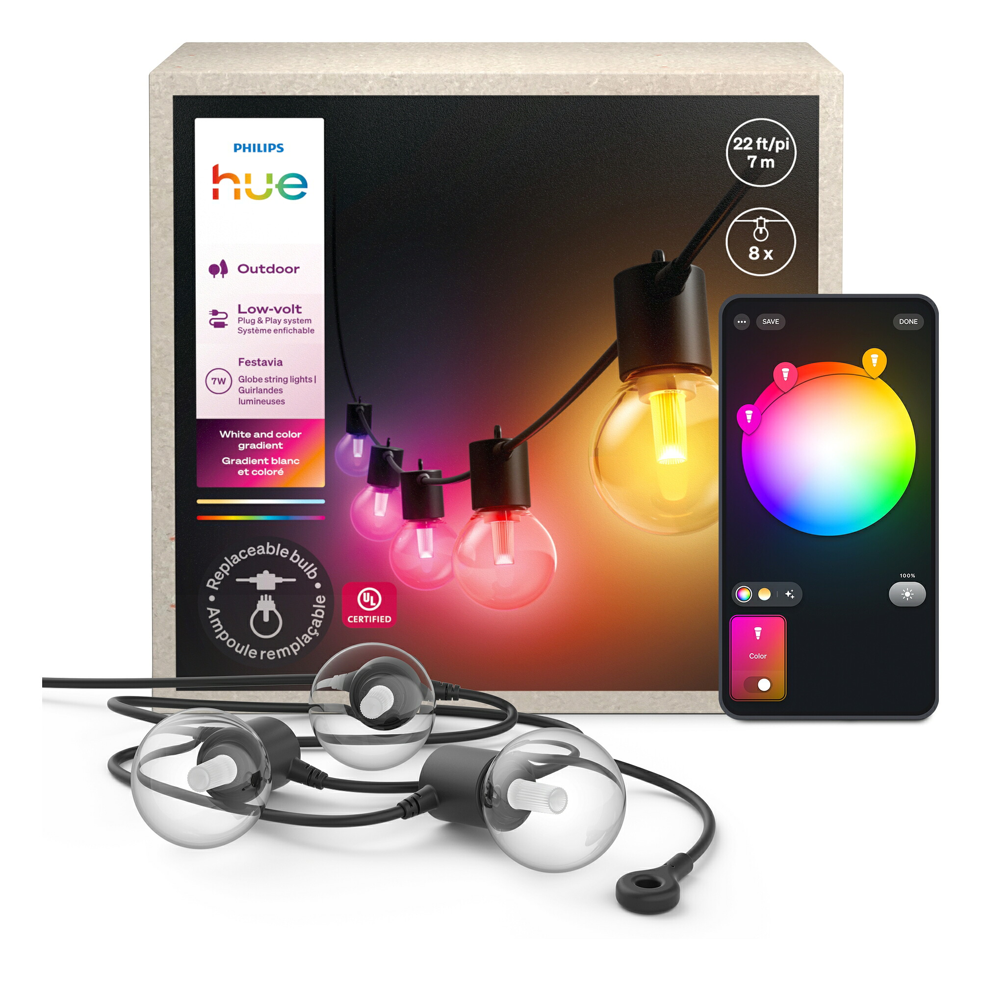 【堅苦しさ】Philips Hue かっこ良い点火装置 アウトドア より糸点火装置 7m │ フィリップスヒュー かっこ良い点火装置 雨合羽 IP65 白熱電球8個 Alexa相応う 50ルーメン マルチ色つや 1600万色 白熱電球色 昼白いこと 調光 調色 かっこ良い養護ホーム 間接的な行動点火装置 LED かっこ良い点火装置 物音取り締まり 適用業務取り締まり 庭園