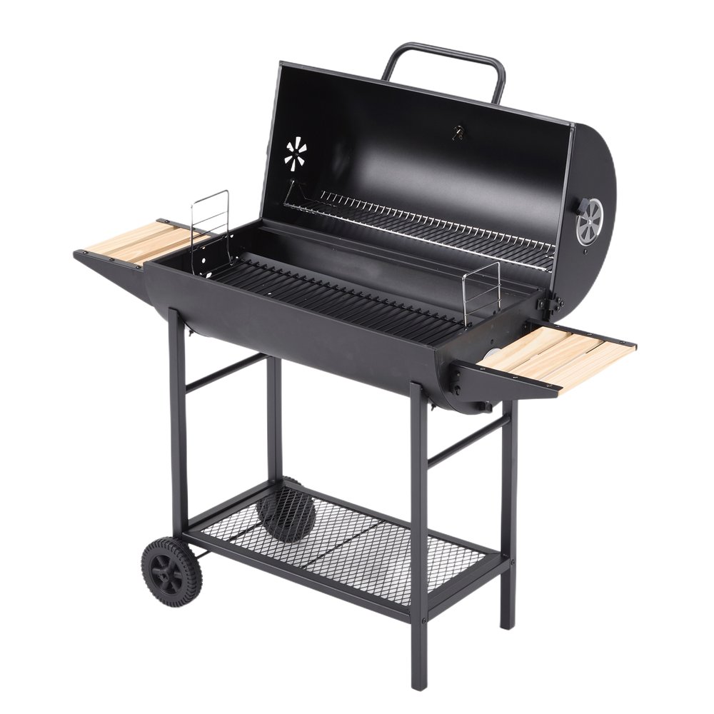 バーベキューコンロ BBQコンロ 焼き網 温度計 通気口 バレル蓋 サイドテーブル キャスター付き 棚板 タイヤ追加 移動楽々 バーベキュー BBQ アウトドア 庭 キャンプ用