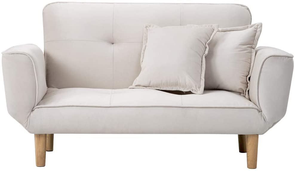 ソファー 2人掛け sofa 抱きまくら2個付き ベージュ ベロア 北欧 背もたれ/アーム5段可動 天然木脚 肘付き コンパクト おしゃれ 新生活 一人暮らし ベルベット