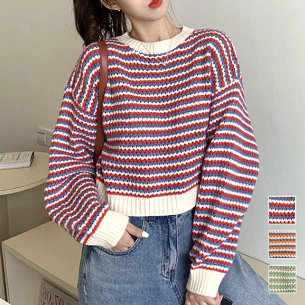 ボーダー柄 オフショル ニット セーター 韓国 ファッション レディース ボーダー柄 ニット セーター ポロ襟 トップス ルーズ 長袖