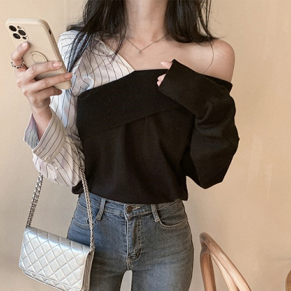 切り替えアシンメトリートップス秋冬韓国ファッション10代20代30代レディース可愛い大人カジュアルシンプル個性的デザイン異素材