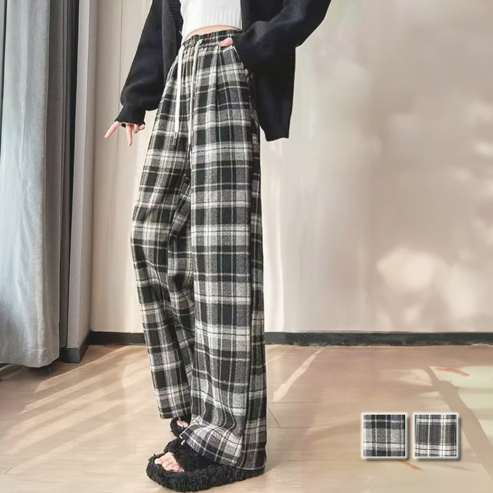 韓国 チェック ルーズ ワイド パンツ カジュアル 春夏 nk4160 ssk0200_00.jpg