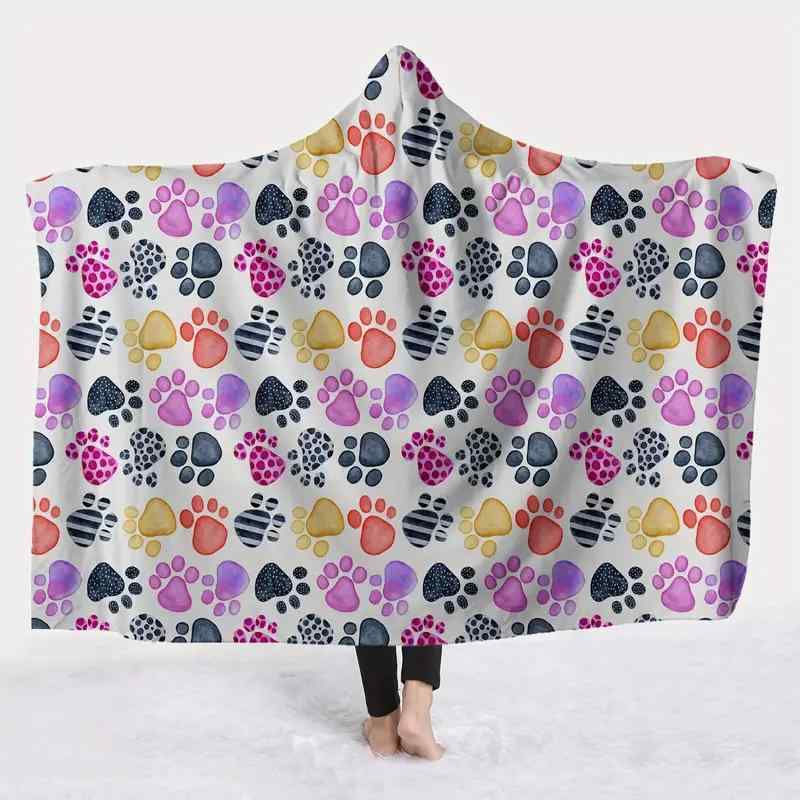 ブランケット フード付き 着用可能 毛布 犬爪柄 カラフル マジックケープ 斗篷風 お昼寝用 キャンプ 旅行 快適 軽量 柔らかい 室内外|a free style