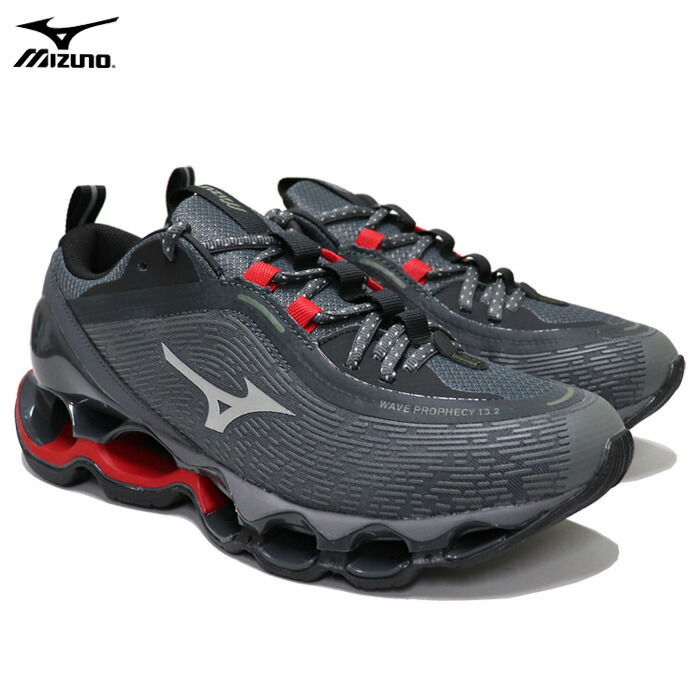 ミズノ スニーカー メンズ 駈けっくらシューズ うす暗い薄墨色×しろがね色×赤いこと MIZUNO WAVE PROPHECY 13.2