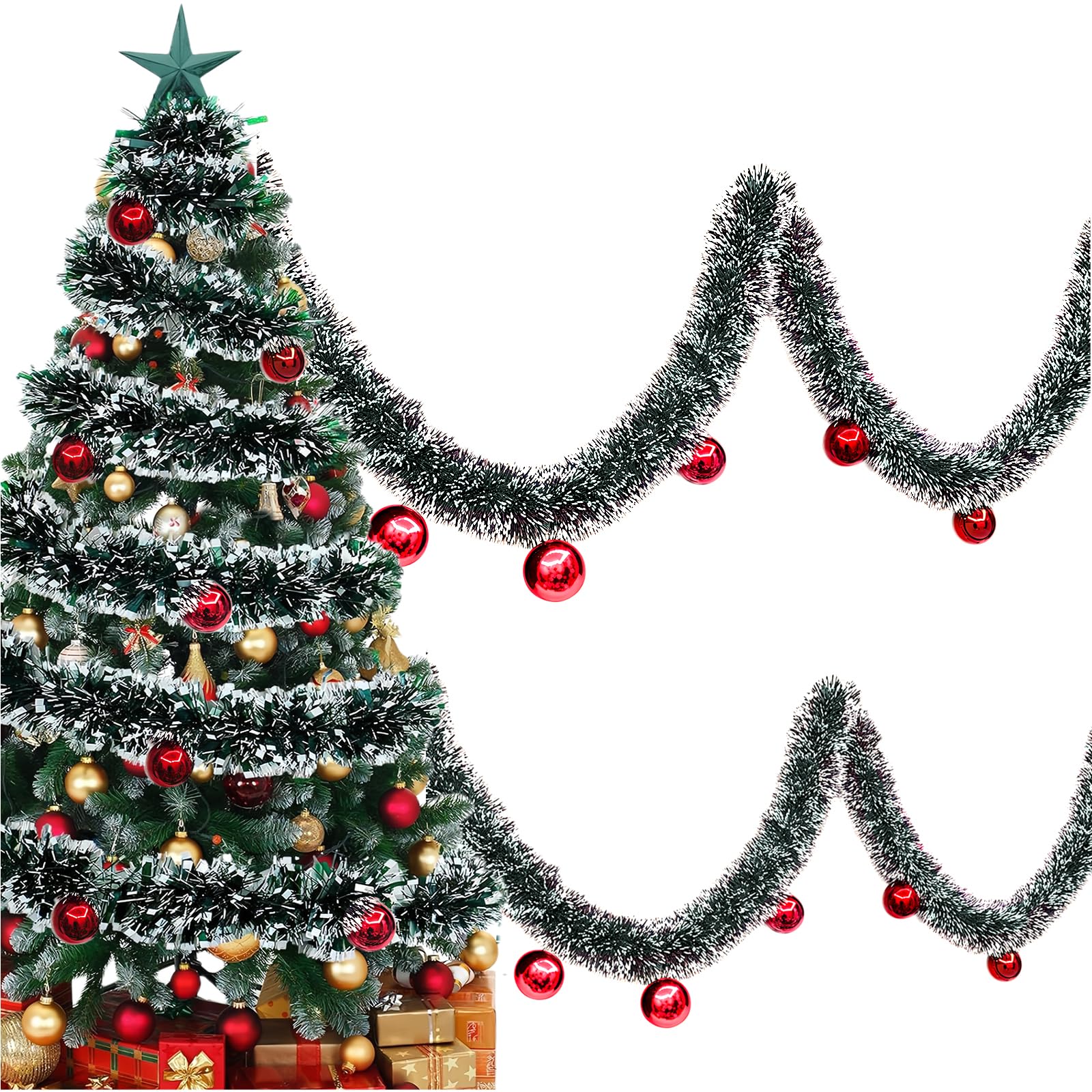 【2本セット】クリスマス 飾り ガーランド メッキモール クリスマスモール 1.8ⅿ クリスマスリース レッドボール付き キラキラモール クリスマスツリー ガーデン装飾籐 藤蔓 パーティー クリスマス イベント 色々な場面で飾れ 濃緑色画像