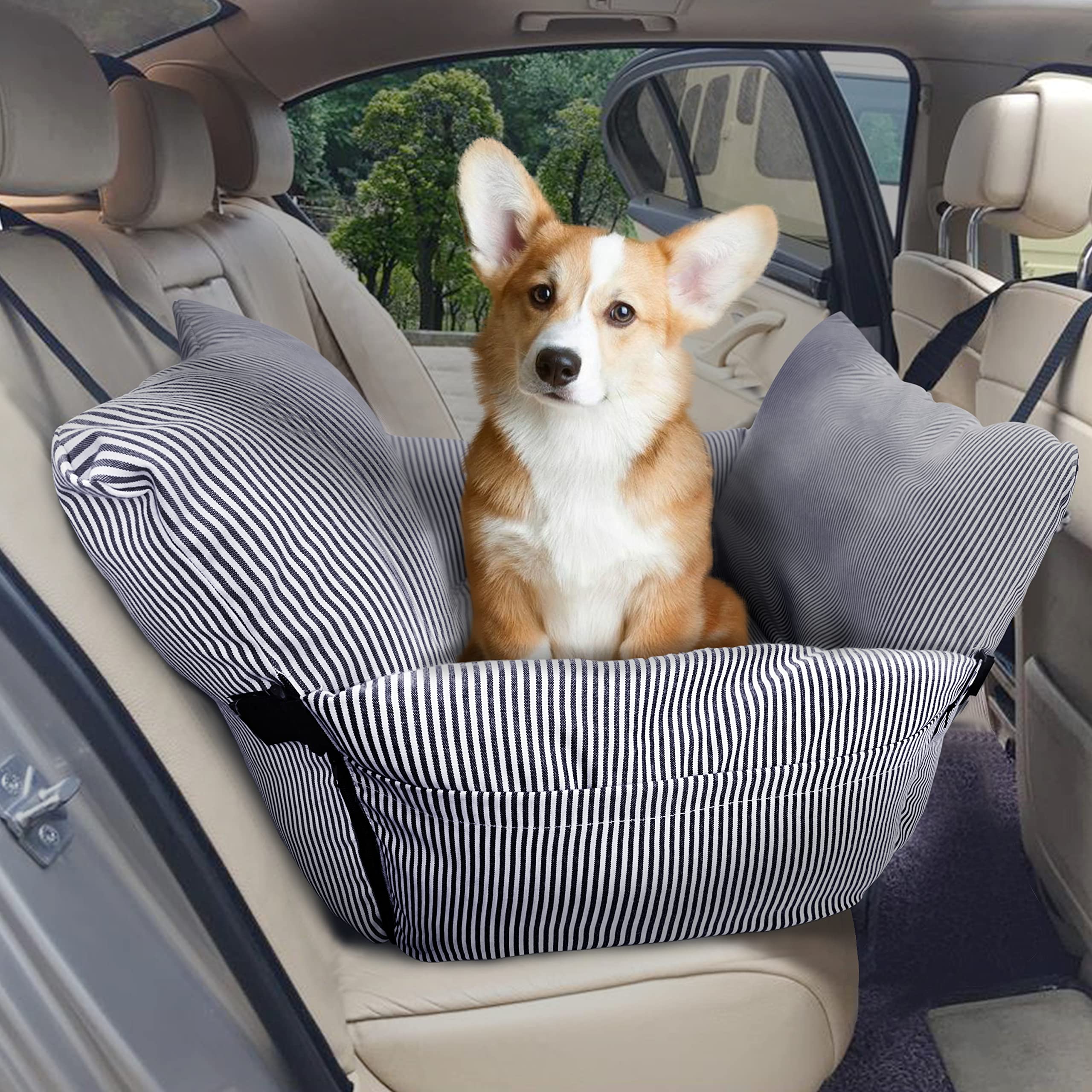 犬用ブースター カーシート 犬 車 ドライブボックスペット用 ドライブシート犬用ブースターシート ソフトベッド 車＆家庭用二重使用 ポータブル安全旅行キャリア ペットシートベルト付き 中型犬, ネイビーストライプ 76x52x40cm/52x52x42cm