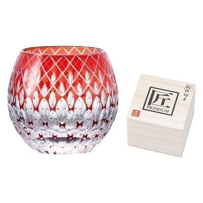 創作切子 匠 Premium 玉響 ロック360ml（木箱入） レッド TK-386/5 内祝い お返し 出産内祝い 結婚内祝い 香典返し 粗供養 お彼岸 お供え 御供 快気祝い 快気内祝