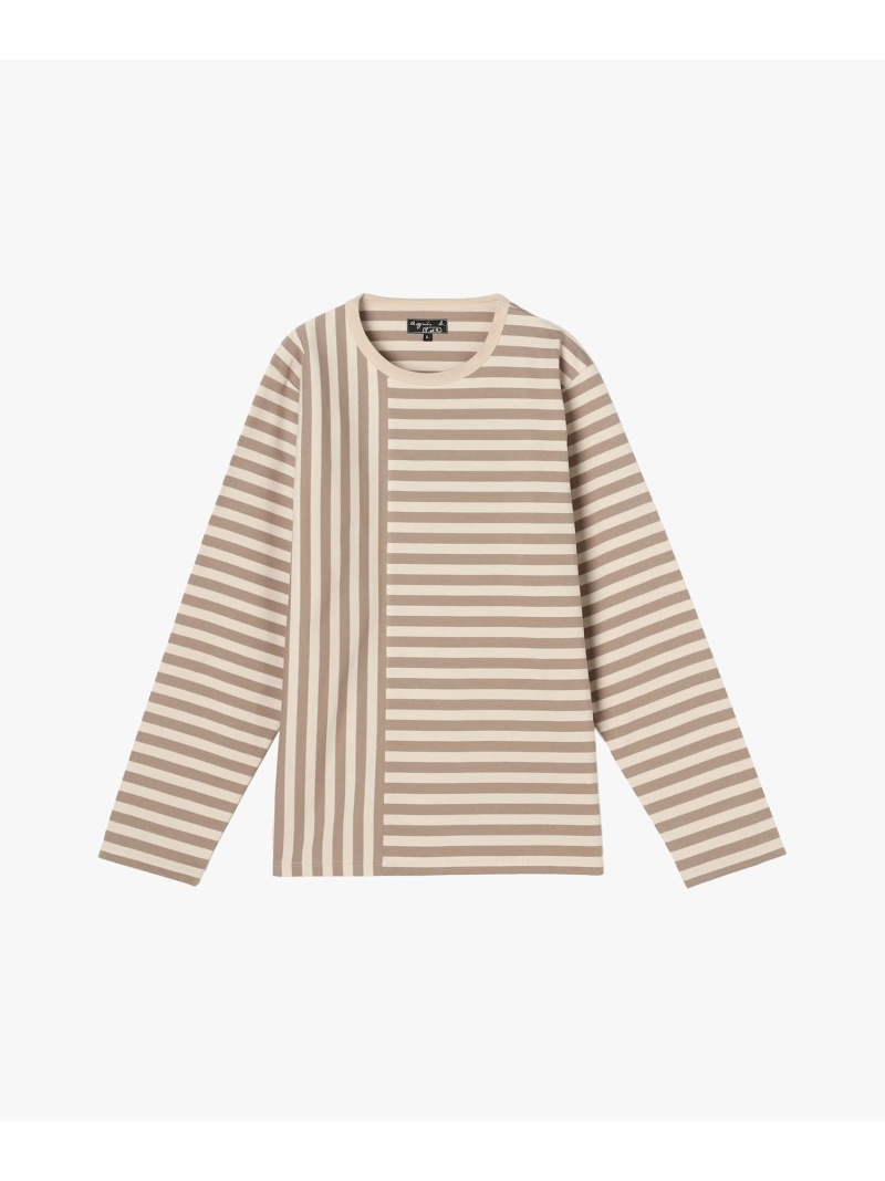 【by R 限定品】agnes b. 細ボーダーxストライプ コットン 長袖 Tシャツ \