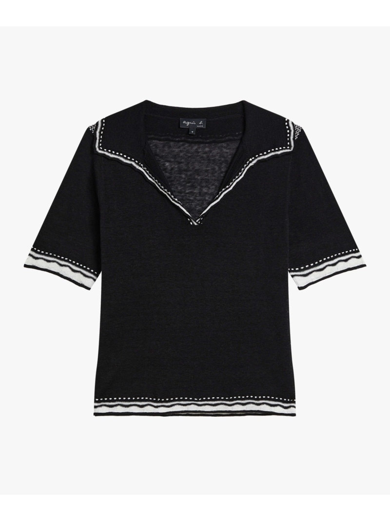 シルク リネン 半袖 ニット ポロシャツ agnes b. FEMME アニエスベー トップス ポロシャツ ブラック【送料無料】[ Fashion]