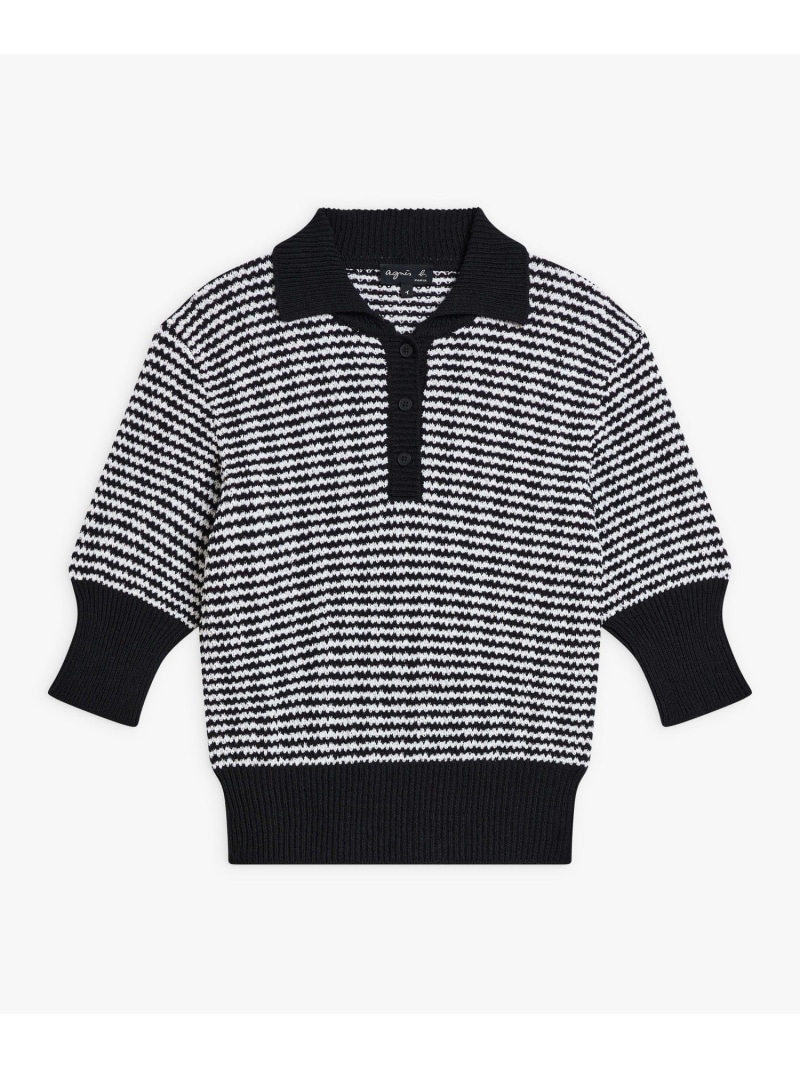 【SALE／55%OFF】ストライプ ラグランスリーブ 5分袖 ポロシャツ agnes b. FEMME アニエスベー トップス カットソー・Tシャツ ブラック【RBA_E】【送料無料】[ Fashion]｜agnes b.
