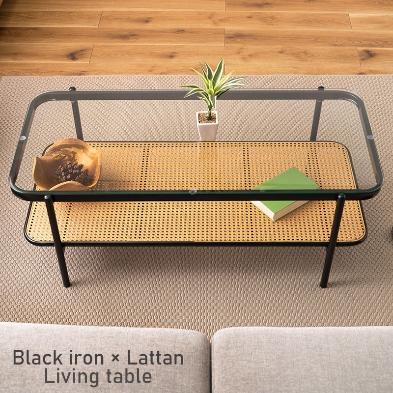 楽天市場】センターテーブル ガラス ラタン 藤 ローテーブル 棚付き