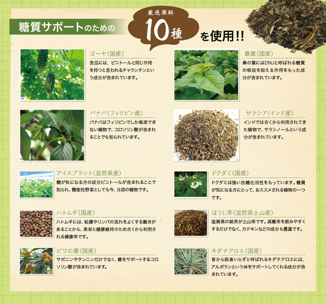楽天市場 本日限定 全品p3倍 カード利用で8倍 減糖茶 ミニ 気軽に始める糖質対策 健康茶 ティーバッグ サラシア バナバ 国産 どくだみ キダチアロエ 桑の葉 びわの葉 ゴーヤ はとむぎ ほうじ茶 アイスプラント 糖質 アグリ生活 食品 天然パウダー