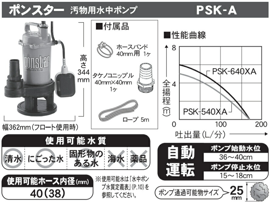 2021年秋冬新作 ポンスター PSK-540XA 40mm 簡易汚物用水中ポンプ 50Hz 東日本用 自動運転型 工進 fucoa.cl