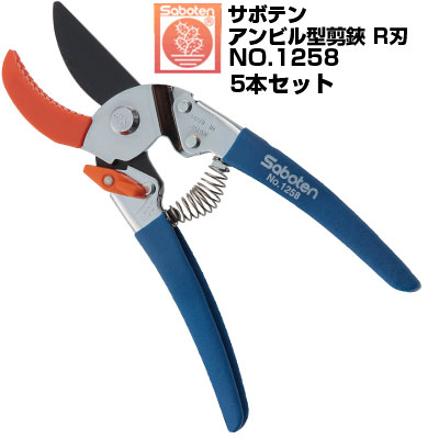 (貨物輸送無料でお得！)(5本仕かける) 切り調えるばさみ カクタス アンビル型切り調える鋏 R刃  NO.1258【カクタス 切り調える剪刀 アンビルタイプ 生り木 ぶどう みかん うめ りんごの木 梨 柿 フッ素厚地の外套 青味 天然ゴム手持ち部分 握り分かりやすい 滑りにくい お百姓さん 生り木園 造園 園芸 労働者階級】 剪定用具-ガーデニング・農業