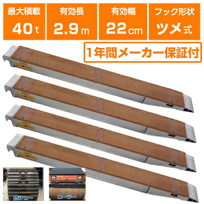 アルミブリッジ 40t 2.9m 4本セット 昭和ブリッジ KB-290-44-40 ツメ式 重機 建機 農機 ユンボ ショベルカー パワーショベル 油圧ショベル バックホー バックホウ 有効長2900×有効幅220mm(290 22cm) 最大積載40t 40トン ラダーレール アルミステップ アルミラダー