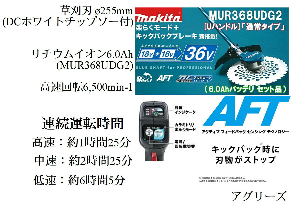 マキタ 充電式草刈機 MUR368UDG2 Uハンドル 6.0Ahバッテリ BL1860B x2 2口充電器 DC18RD 付 草刈刃φ255mm  18Vx2=36V対応 makita 2021春の新作