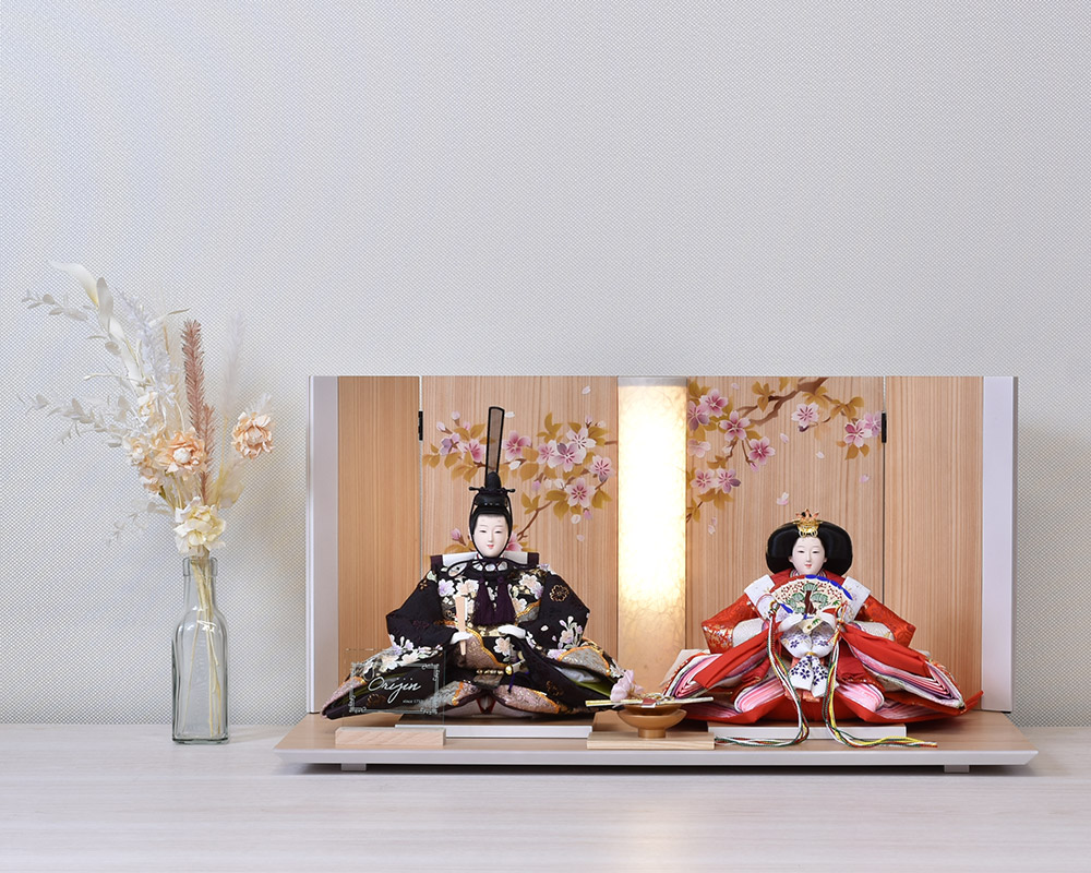 【最短即日出荷可能】 雛人形 コンパクト 黒 刺繍 ひな人形 親王飾り 平飾り 白 ホワイト orijin かわいい おしゃれ モダン 初節句 お雛様 おひな様 2024 大35-23-1-8