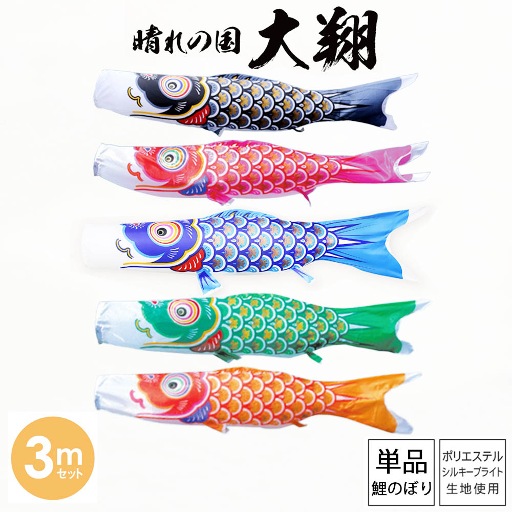 鯉のぼり こいのぼり 庭用 徳永鯉 単品鯉 黒 赤 青 緑 橙 晴れの国 大翔 3m