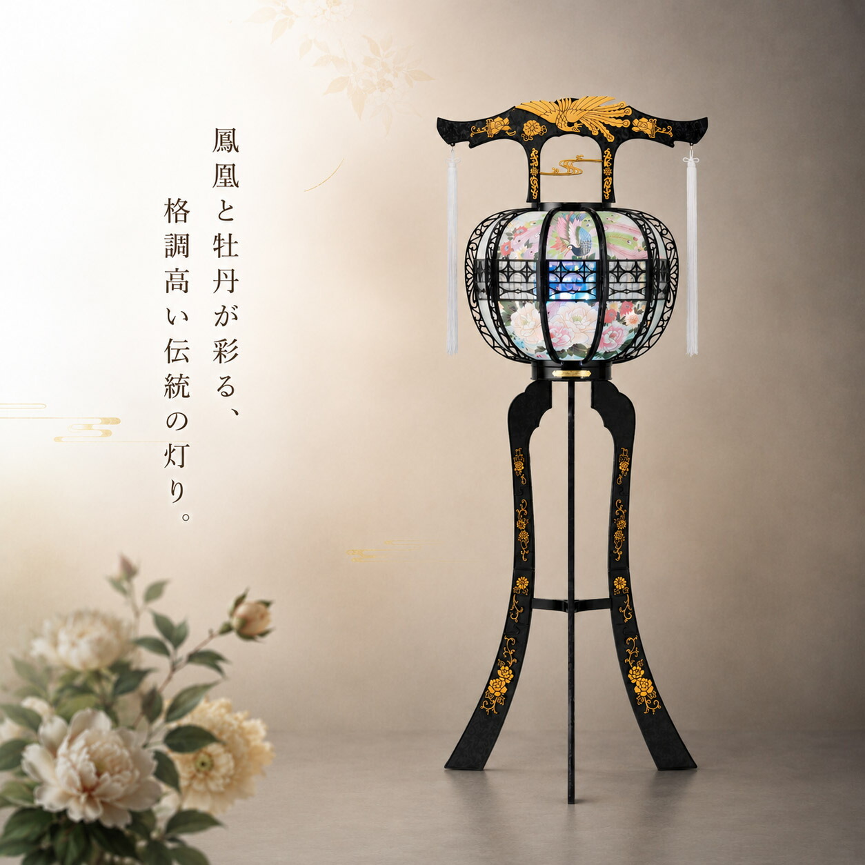 盆提灯 初盆 新盆 ミニサイズ コンパクト 霊前灯 創作提灯 モダン へいせい 黒 プラスチック製 廻転筒付き 40w電気コード式 蓮華灯 ミニ|あい工房ギフト用品店