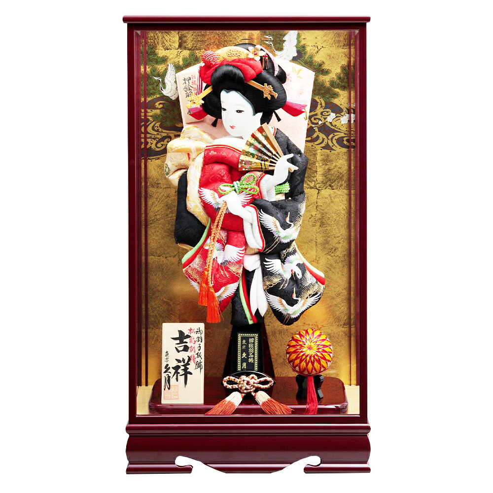 <BR>羽子板 久月 お祝い 初正月 羽子板飾り コンパクト ケース飾り 板ケース入 鶴寿 18号A 刺繍振袖 ワイン塗面取ケース 赤 黒 おしゃれ